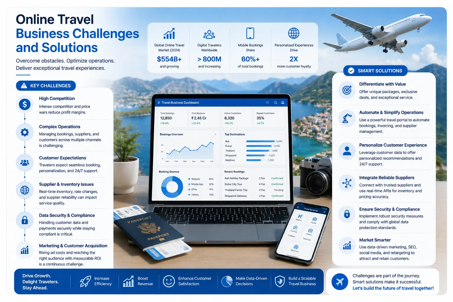 Infographic showing online travel business challenges including API integration, competition, payment failures, and scalability solutions
