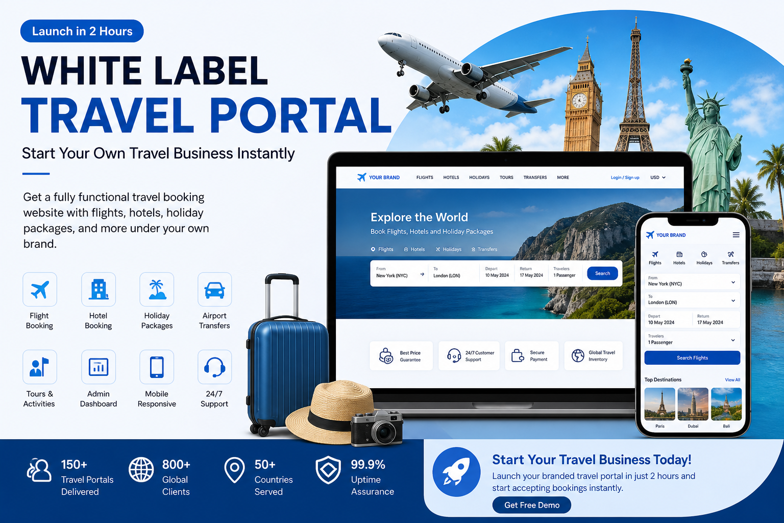 White label travel portal software dashboard showing flight and hotel booking interface for Indian B2B and B2C travel agencies