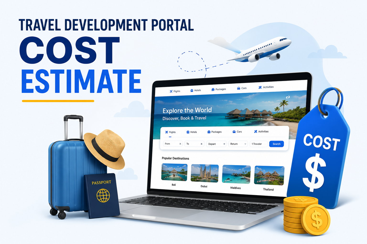 Travel portal development cost breakdown 2025 - infographic showing white label, semi-custom, and custom build pricing comparison