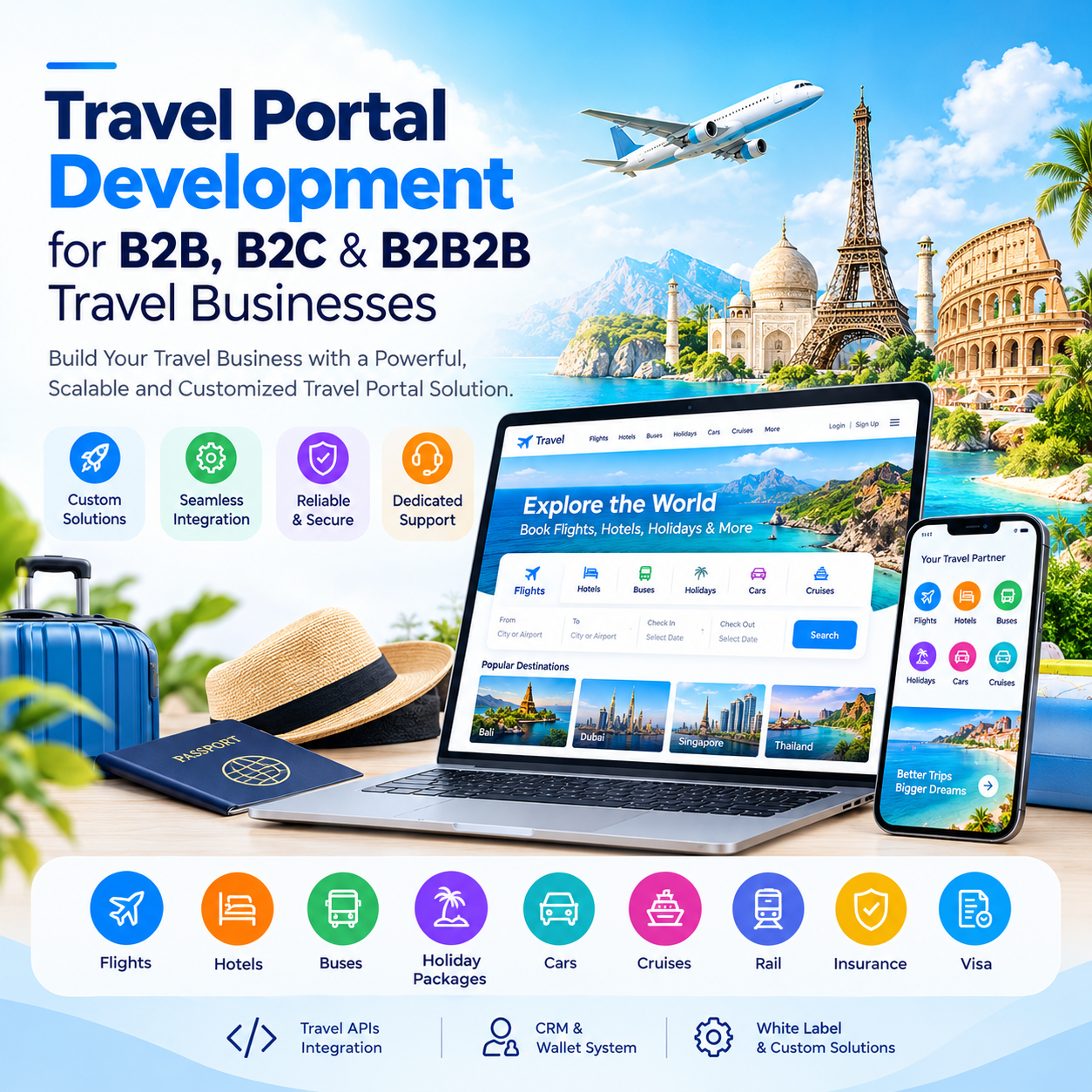 Travel portal development dashboard showing flight, hotel and bus booking interface for B2B, B2C and B2B2B travel businesses