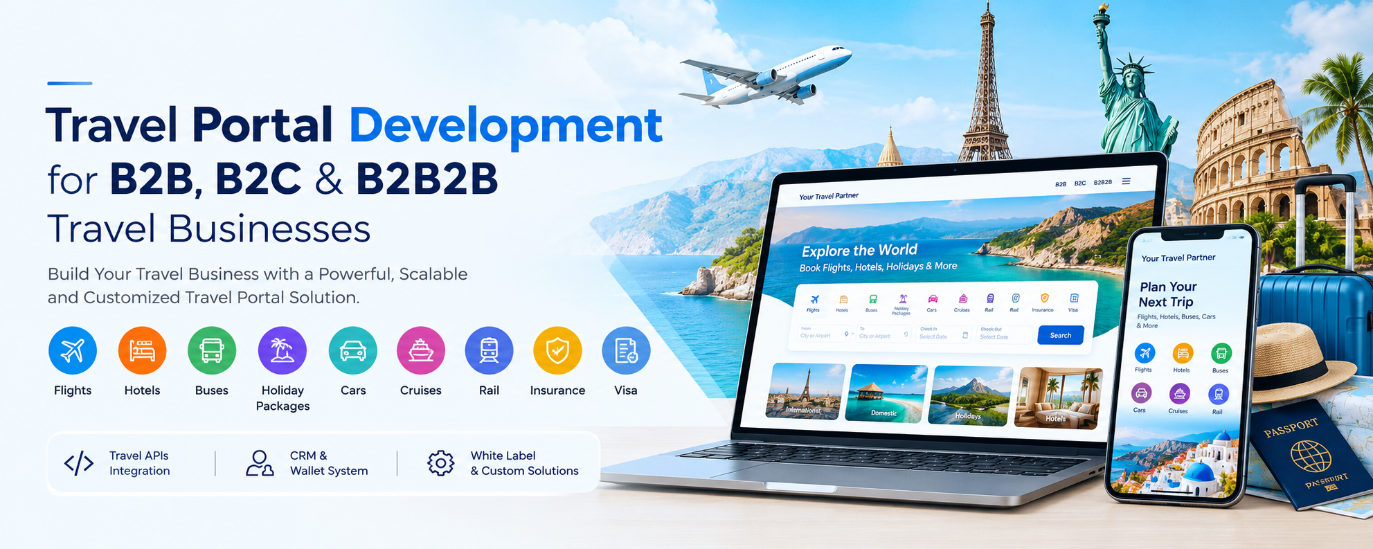 Travel portal booking modules including flight, hotel, bus, car and holiday packages on the Rayds platform